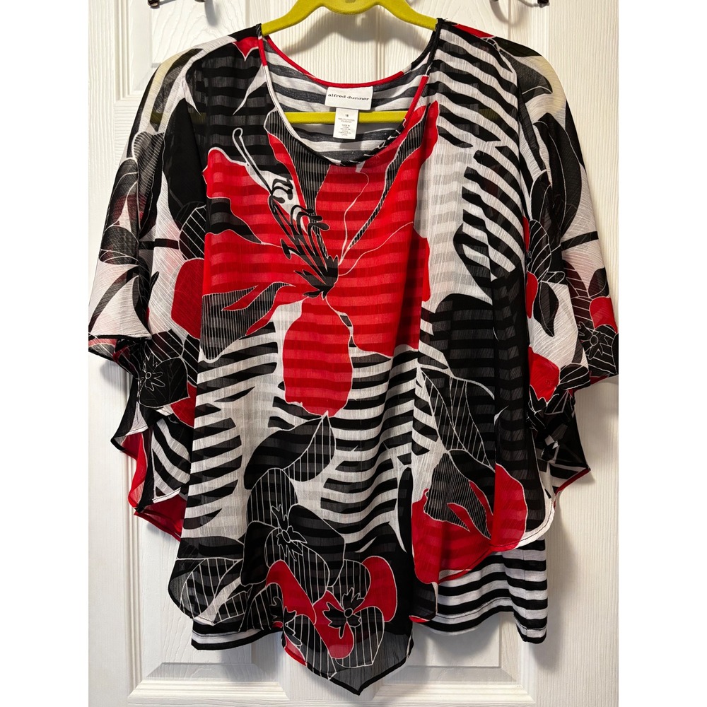 Alfred Dunner Red Floral‎ Striped Layered Chiffon Top Womens 18 Black White